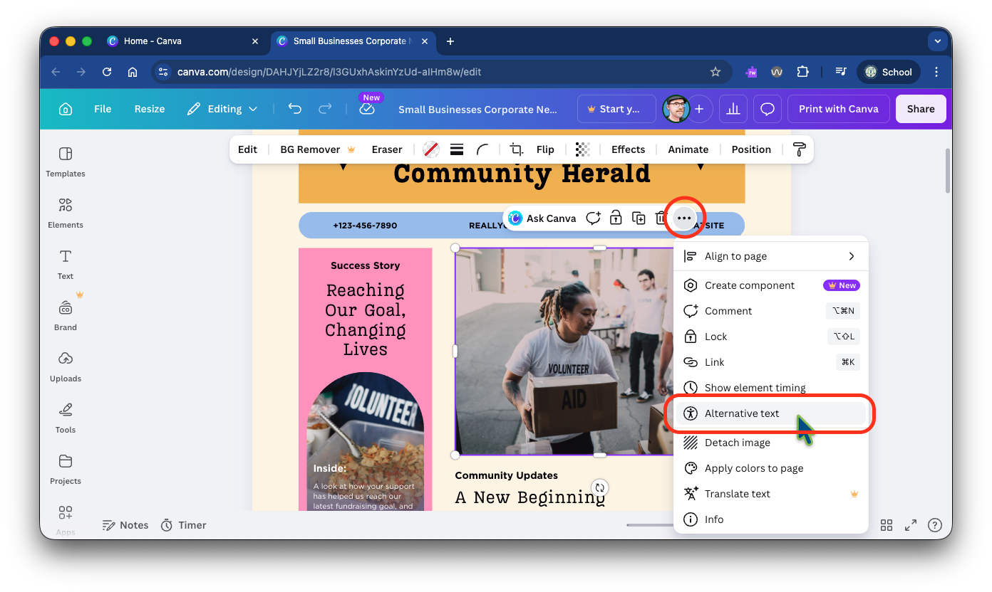 Canva with a photo selected and the tool menu open. The ellipsis button to open the menu and the alternative text menu option are highlighted with red circles.